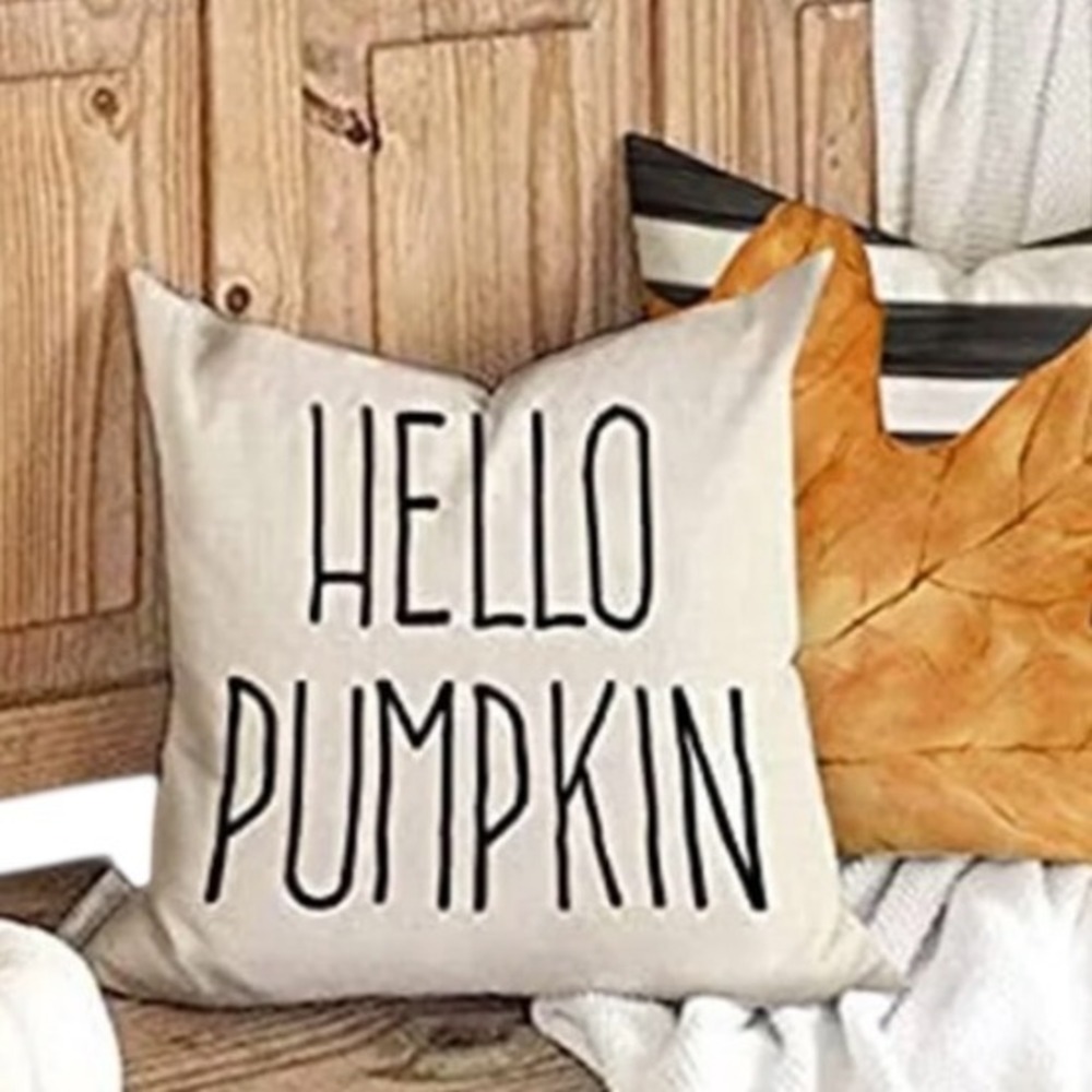 Hello Pumpkin‎ Throw Pillow Cover 18x18 Cream Black Farmhouse Fall Harvest